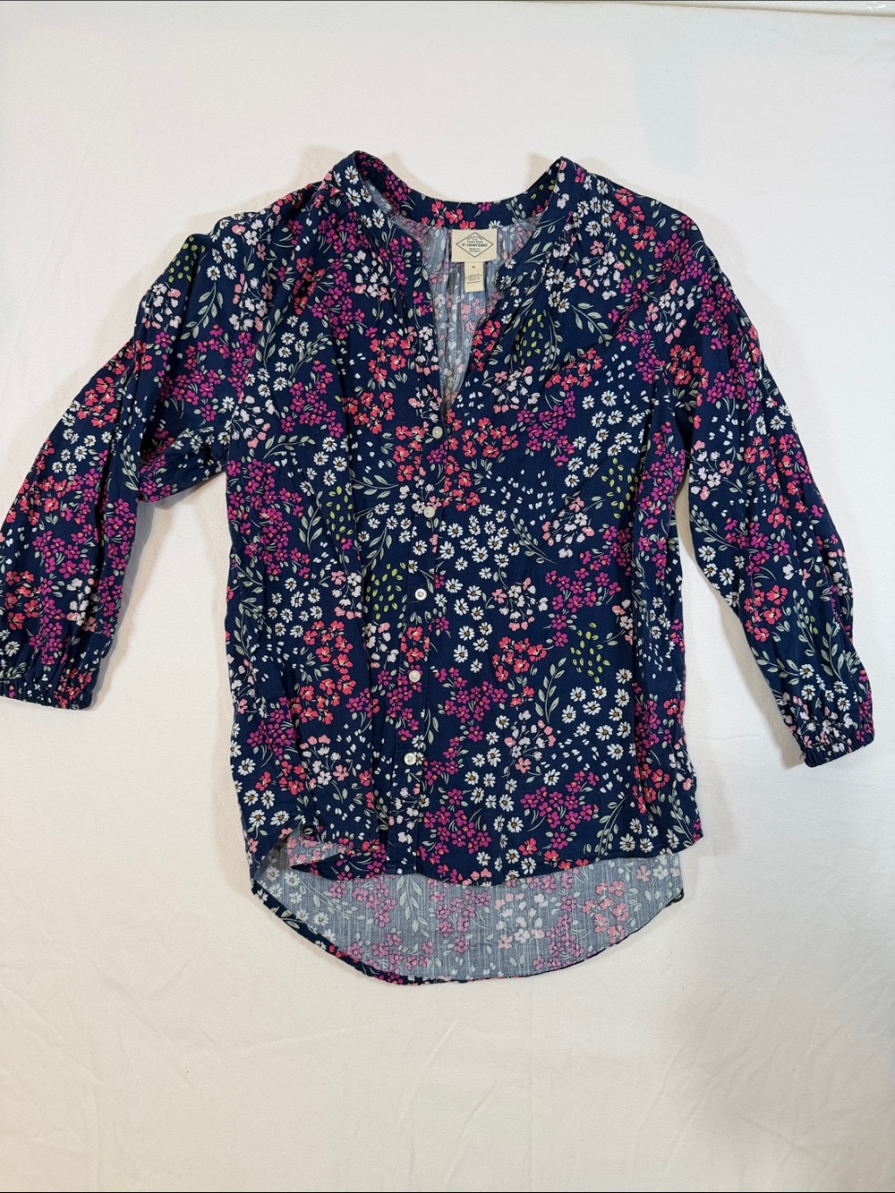 St. John's Bay Navy Floral V-Neck 3/4 Sleeve Blouse